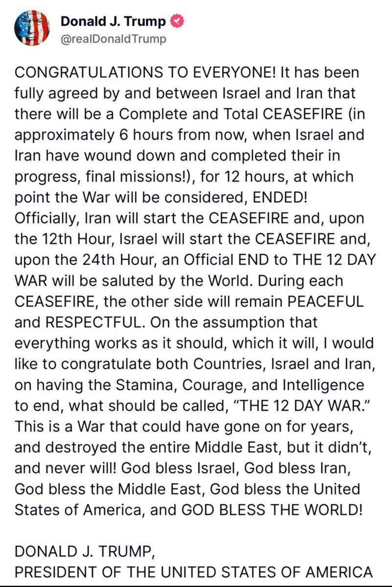 “El mundo anunciará el fin de la guerra de los 12 días” el presidente D. Trump anuncia el cese del fuego entre Irán e Israel. Es el final de las innumerables conjeturas y la observancia del conflicto entre buenos y malos.