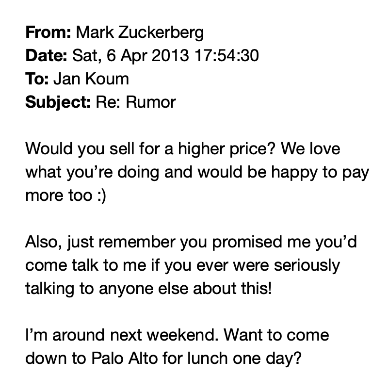 Mark Zuckerberg on rumors of Google buying WhatsApp

April 6, 2013