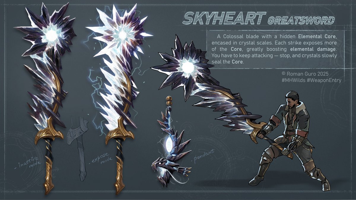 Skyheart Greatsword. A Colossal blade with a hidden Elemental Core, encased in crystal scales. Each strike exposes more of the Core, greatly boosting elemental damage. You have to keep attacking — stop, and crystals slowly seal the Core. #MHWilds #weaponentry #pendantentry