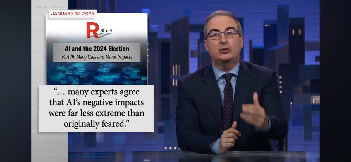 Louis Anslow (@louisanslow) on Twitter photo Good to see John Oliver admit deepfake election year was a unfounded fear - well done <a href="/RSI/">R Street Institute</a> Good to see John Oliver admit deepfake election year was a unfounded fear - well done <a href="/RSI/">R Street Institute</a>