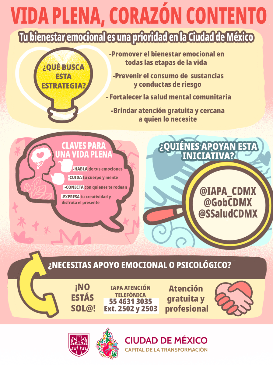 🗣 ️ Hablar, cuidar, conectar y expresar: ✨ Acciones clave para una vida plena. 🫂

🙌 En la #CapitalDeLaTransformación, en coordinación con <a href="/iapa_cdmx/">IAPA CDMX</a> y @SSaludCDMX, impulsamos la estrategia #VidaPlenaCorazónContento, la cual promueve el bienestar emocional en todas las etapas