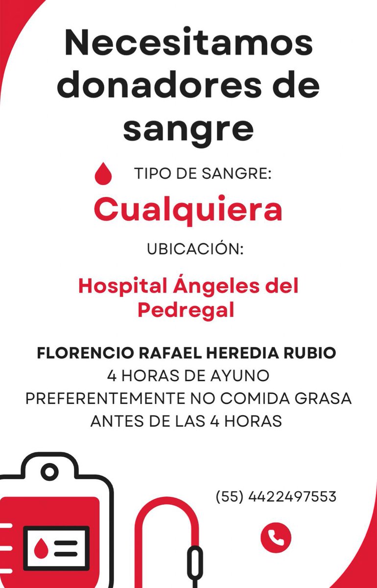 🚨 Un amigo muy querido me ha pedido apoyo con la difusión de este mensaje urgente. 
Si pueden ayudar con una donación de sangre, se los agradezco mucho, si no, su RT también es muy útil🩸🙏🏻
En imagen toda la información. 
¡Donar sangre es salvar vidas!
#DonarSangreSalvaVidas