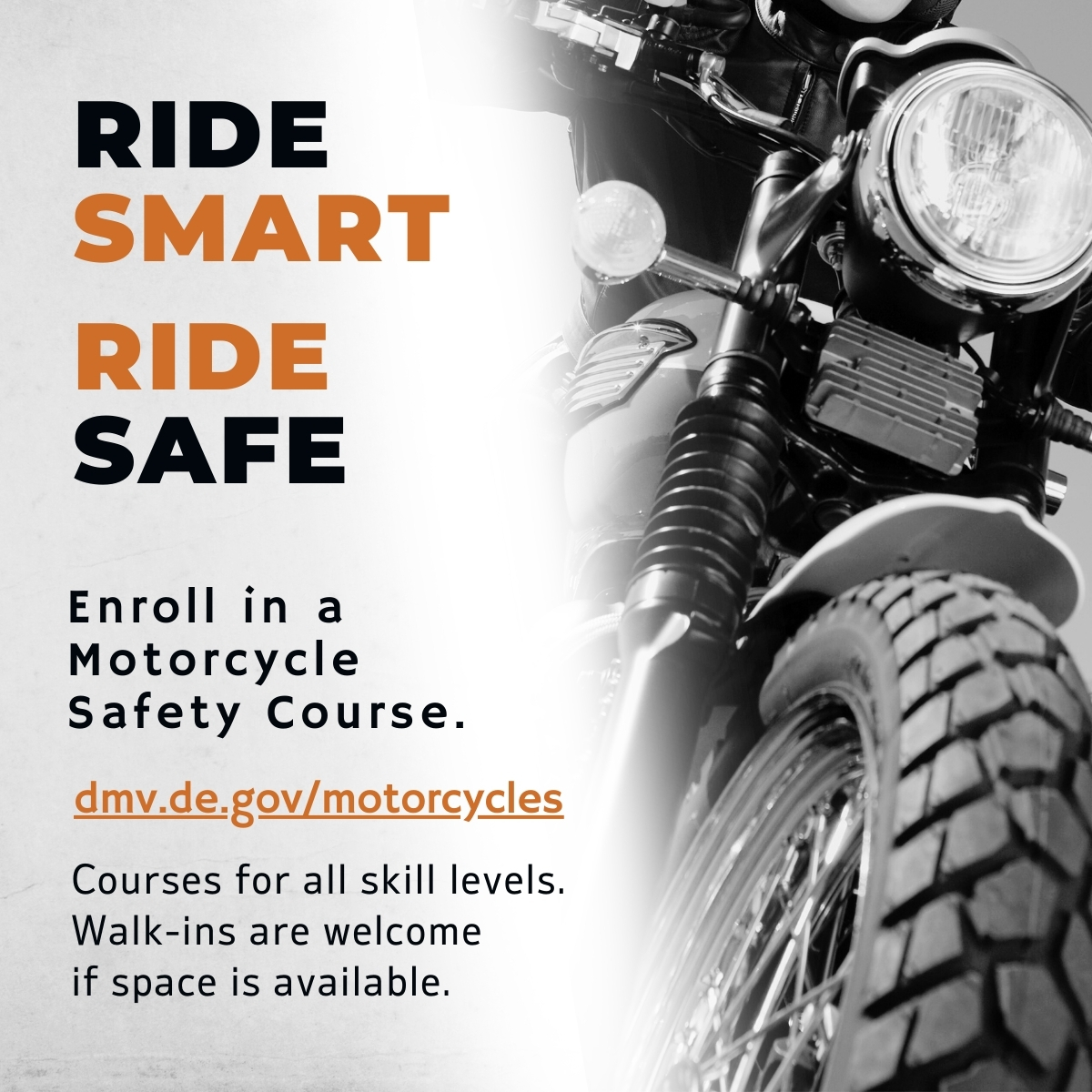 Unlock the freedom of riding! 🏍 Enroll in a Motorcycle Safety Course today! Visit dmv.de.gov/motorcycle and select the course(s) that fit your needs. We offer classes for every skill level. Walk-ins are accepted when space is available. #MotorcycleSafety #RideSmart #RideSafe