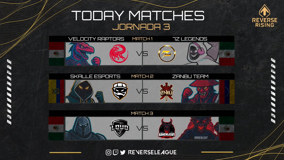 REV3RSE (@reverseleague_) on Twitter photo #MATCHDAY!! #JORNADA3 #DIA1
Comienza una nueva jornada, cada enfrentamiento tiene un por qué ganar en la mente de cada uno de los equipos. Los puntos ya toman importancia en las posiciones...
Match 1 / 7pm MX:
<a href="/VRaptors_Es/">Velocity Raptors</a> 🇲🇽 vs 🇲🇽 <a href="/esports7z_/">7z Esports | #Go7z</a> / <a href="/StarLegendsEs/">Star Legends eSports</a>
Match 2 / 8pm MX #MATCHDAY!! #JORNADA3 #DIA1
Comienza una nueva jornada, cada enfrentamiento tiene un por qué ganar en la mente de cada uno de los equipos. Los puntos ya toman importancia en las posiciones...
Match 1 / 7pm MX:
<a href="/VRaptors_Es/">Velocity Raptors</a> 🇲🇽 vs 🇲🇽 <a href="/esports7z_/">7z Esports | #Go7z</a> / <a href="/StarLegendsEs/">Star Legends eSports</a>
Match 2 / 8pm MX