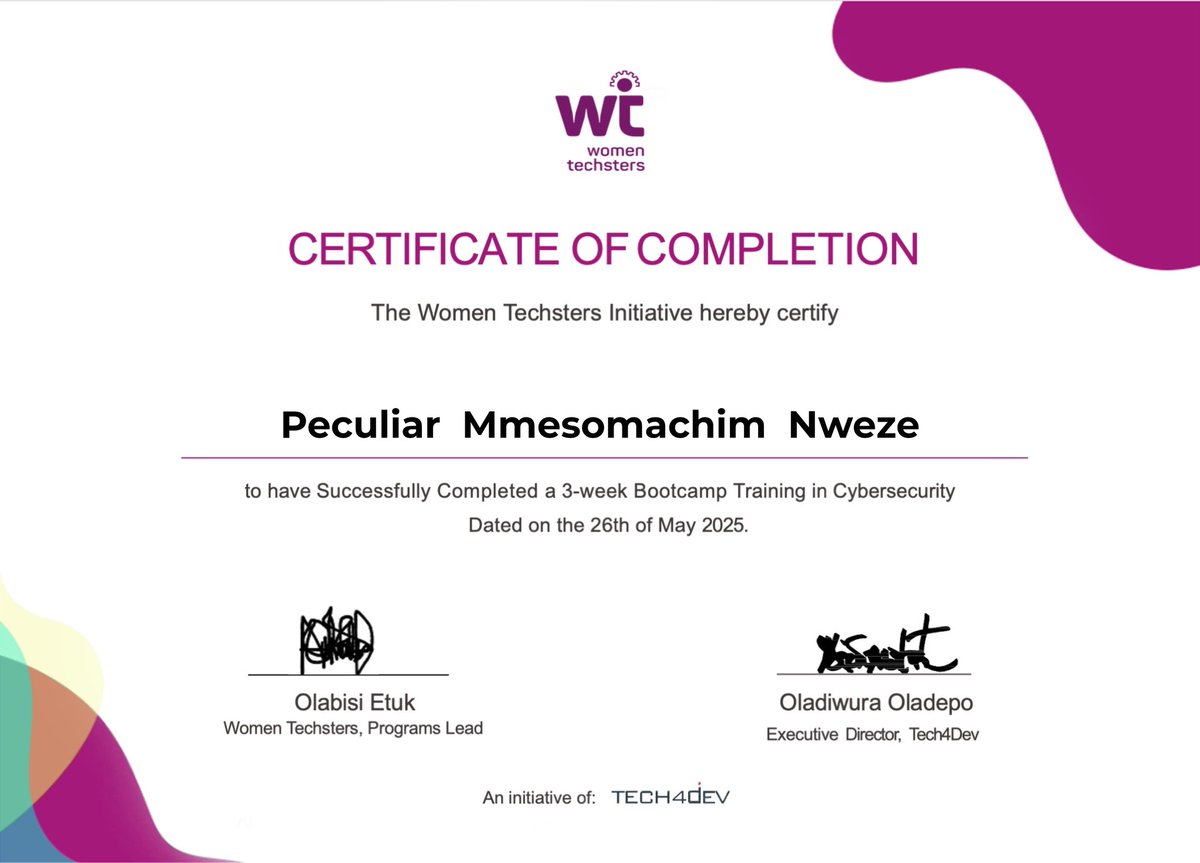 _peculiar____'s tweet photo. Can’t stop smiling at how beautiful this certificate is❤️! Every bit of the journey was worth it.
Thanks a million @Tech4DevHQ and to the  coordinators @diwuraoladepo @OlabisiEtukthank you for pouring into us valuable resources.

#Tech4Dev #WomenTechsters #WTBootcampCohort2025 https://t.co/Je27GLrc2O
