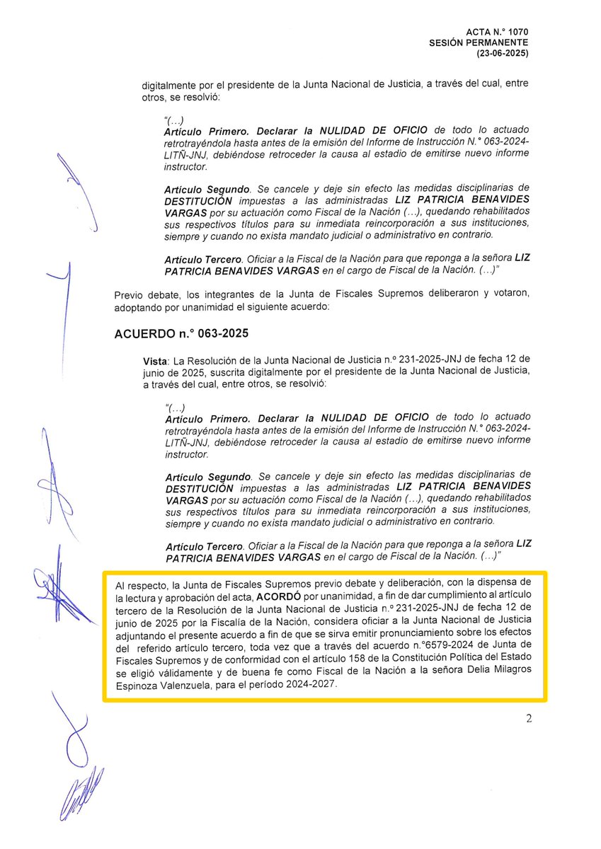 FiscaliaPeru's tweet photo. #LoÚltimo | Junta de Fiscales Supremos, máximo órgano de gobierno del Ministerio Público, en sesión extraordinaria, acordó —por unanimidad— oficiar a la Junta Nacional de Justicia emitir un pronunciamiento respecto al “efecto” del artículo 3 de la resolución n.° 231-2025-JNJ del 12 de junio de 2025, reafirmando al mismo tiempo la legítima elección de Delia Milagros Espinoza Valenzuela como Fiscal de la Nación, ello en ejercicio exclusivo de sus atribuciones conferidas por la Constitución.