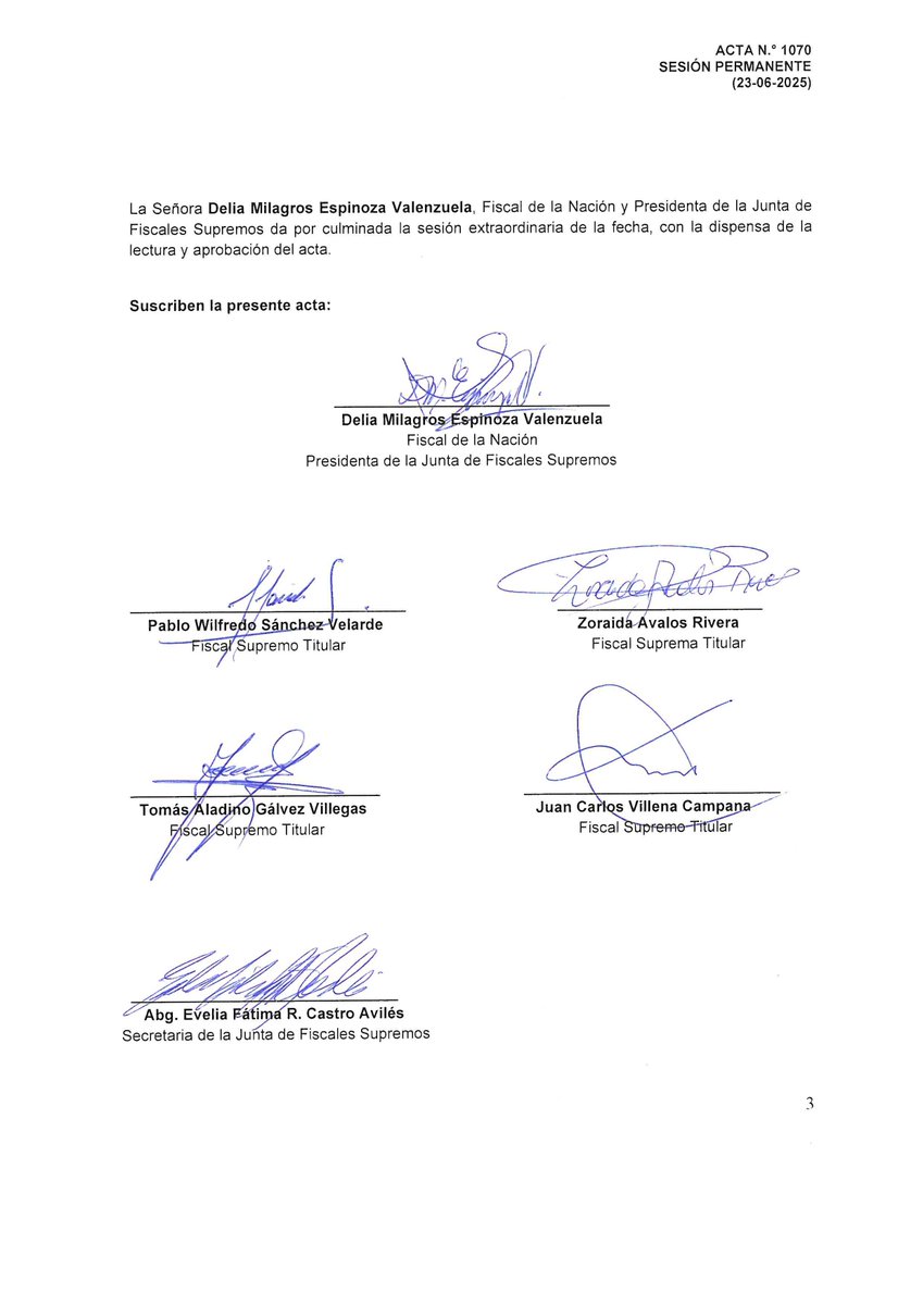 FiscaliaPeru's tweet photo. #LoÚltimo | Junta de Fiscales Supremos, máximo órgano de gobierno del Ministerio Público, en sesión extraordinaria, acordó —por unanimidad— oficiar a la Junta Nacional de Justicia emitir un pronunciamiento respecto al “efecto” del artículo 3 de la resolución n.° 231-2025-JNJ del 12 de junio de 2025, reafirmando al mismo tiempo la legítima elección de Delia Milagros Espinoza Valenzuela como Fiscal de la Nación, ello en ejercicio exclusivo de sus atribuciones conferidas por la Constitución.