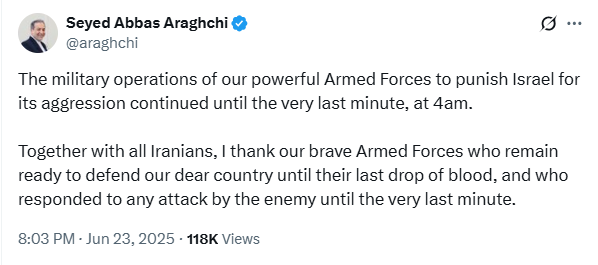 Tras decir que no hay acuerdo de alto el fuego, el ministro de Asuntos Exteriores iraní afirma que se atienen a los términos del acuerdo.

Ganó EEUU, ganó Israel, ganó Occidente, ganó Trump. Los terroristas se quedarán con sus facilidades nucleares destruidas.