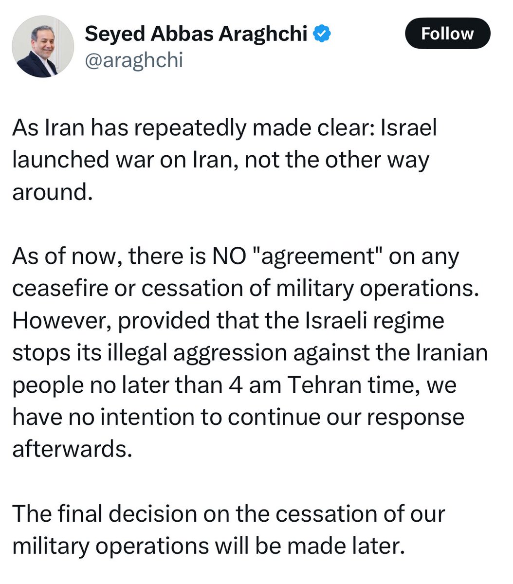 UPDATE: Iran's Foreign Minister Abbas Araqchi said early on Tuesday that there was no "agreement" on any ceasefire between Israel and Iran.

But he added that if Israel stopped its "illegal aggression" against the Iranian people no later than 4 a.m. Tehran time (8:30 a.m. Manila