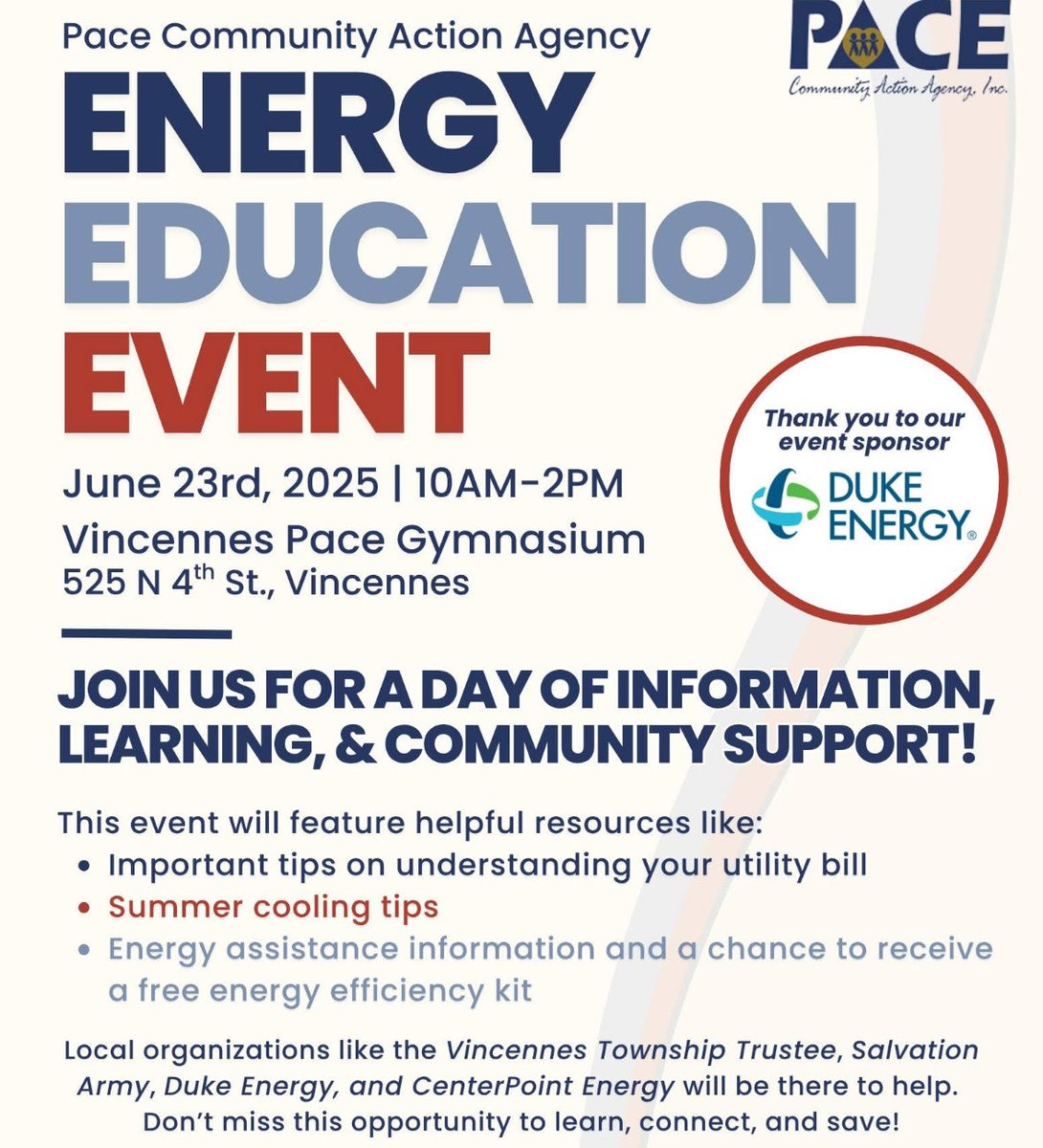 KurtPhegley's tweet photo. The PACE Community Action Agency hosted an Energy Education Event in Vincennes. Participants learned about their utility bill, tips to conserve energy and the resources that are available to assist consumers. The event was sponsored by @DukeEnergy #WeAreDE https://t.co/pAqRNq5OeL