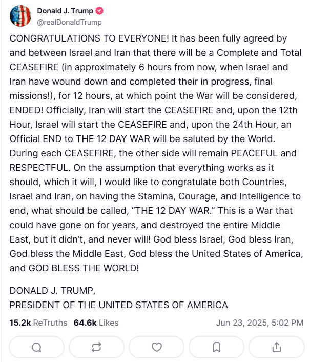 paolobenza's tweet photo. #Último Trump anuncia un alto al fuego entre Israel e Irán, que tras 24 horas se convertiría en el fin de la guerra. Ya la llama "La guerra de los 12 días". Con Trump, igual, nunca se sabe. https://t.co/VjpMApoIHd