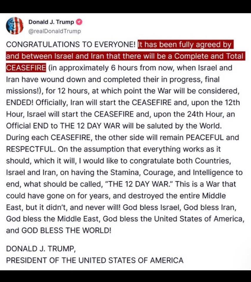 It is objectively good news when hostilities end.  Thankful this seem to be working out!
Continue to pray for lasting peace!