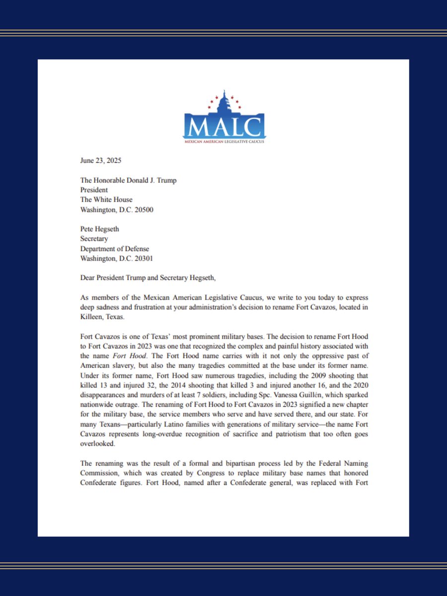 MALCTx's tweet image. MALC sent a letter to President Trump and Secretary Hegseth urging them to reverse the decision to erase Fort Cavazos and restore the name Fort Hood, a name long associated with a Confederate general. We stand against efforts to erase the legacy of Latino military heroes. #txlege