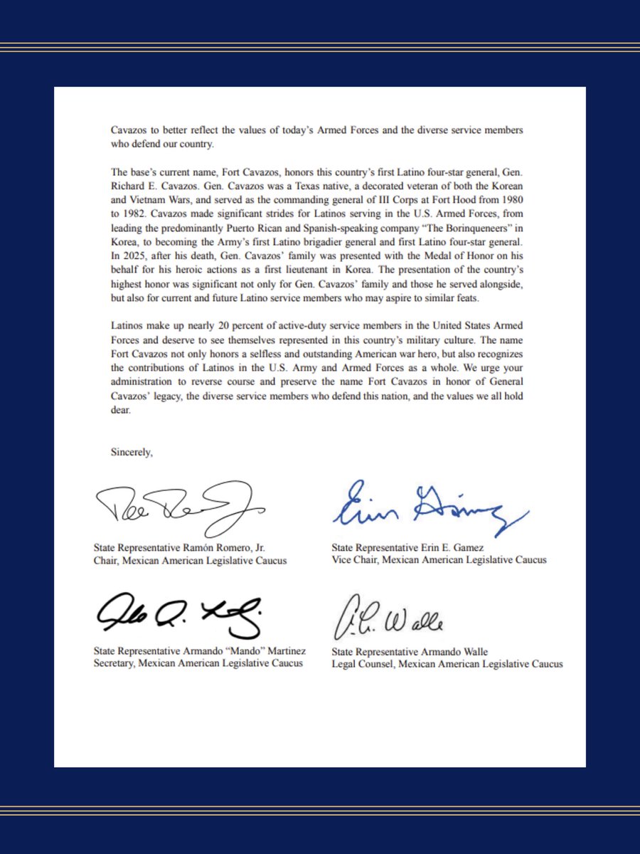 MALCTx's tweet image. MALC sent a letter to President Trump and Secretary Hegseth urging them to reverse the decision to erase Fort Cavazos and restore the name Fort Hood, a name long associated with a Confederate general. We stand against efforts to erase the legacy of Latino military heroes. #txlege