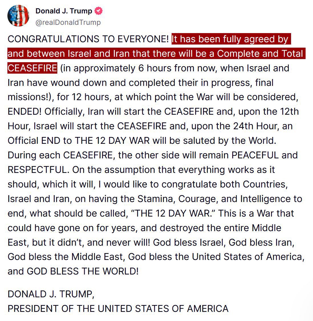 LaireRandom's tweet image. And just like that…..

🔥 JUST IN - Trump announces Israel-Iran ceasefire.