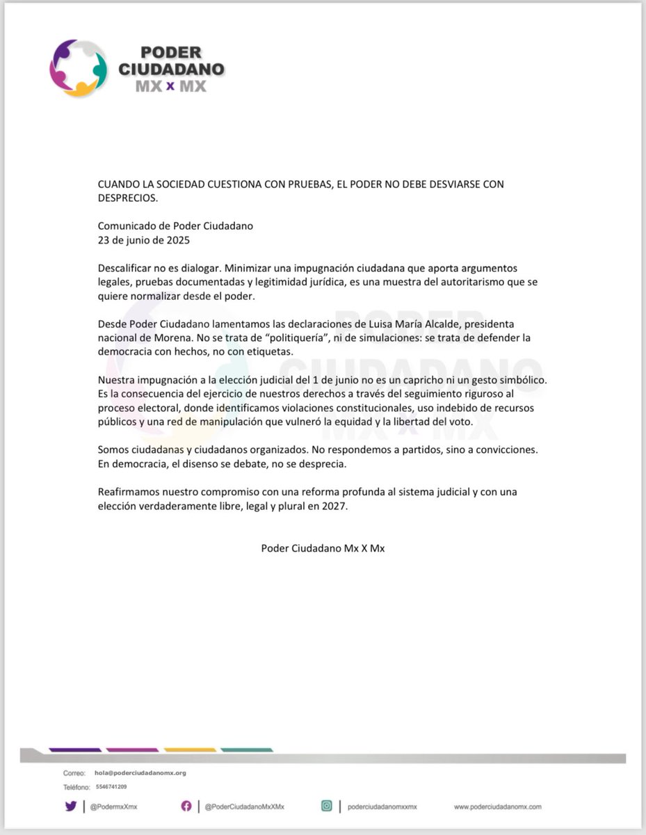 PodermxXmx's tweet photo. 📌 Comunicado de Poder Ciudadano:

CUANDO LA SOCIEDAD CIVIL ACTÚA CON PRUEBAS, EL PODER NO DEBE RESPONDER CON DESCALIFICACIONES.

Nuestra impugnación a la elección judicial no es un gesto simbólico, sino un ejercicio legítimo de defensa democrática.
Rechazamos las declaraciones de  @LuisaAlcalde que intentan minimizar este esfuerzo ciudadano.

 Lee el comunicado completo: