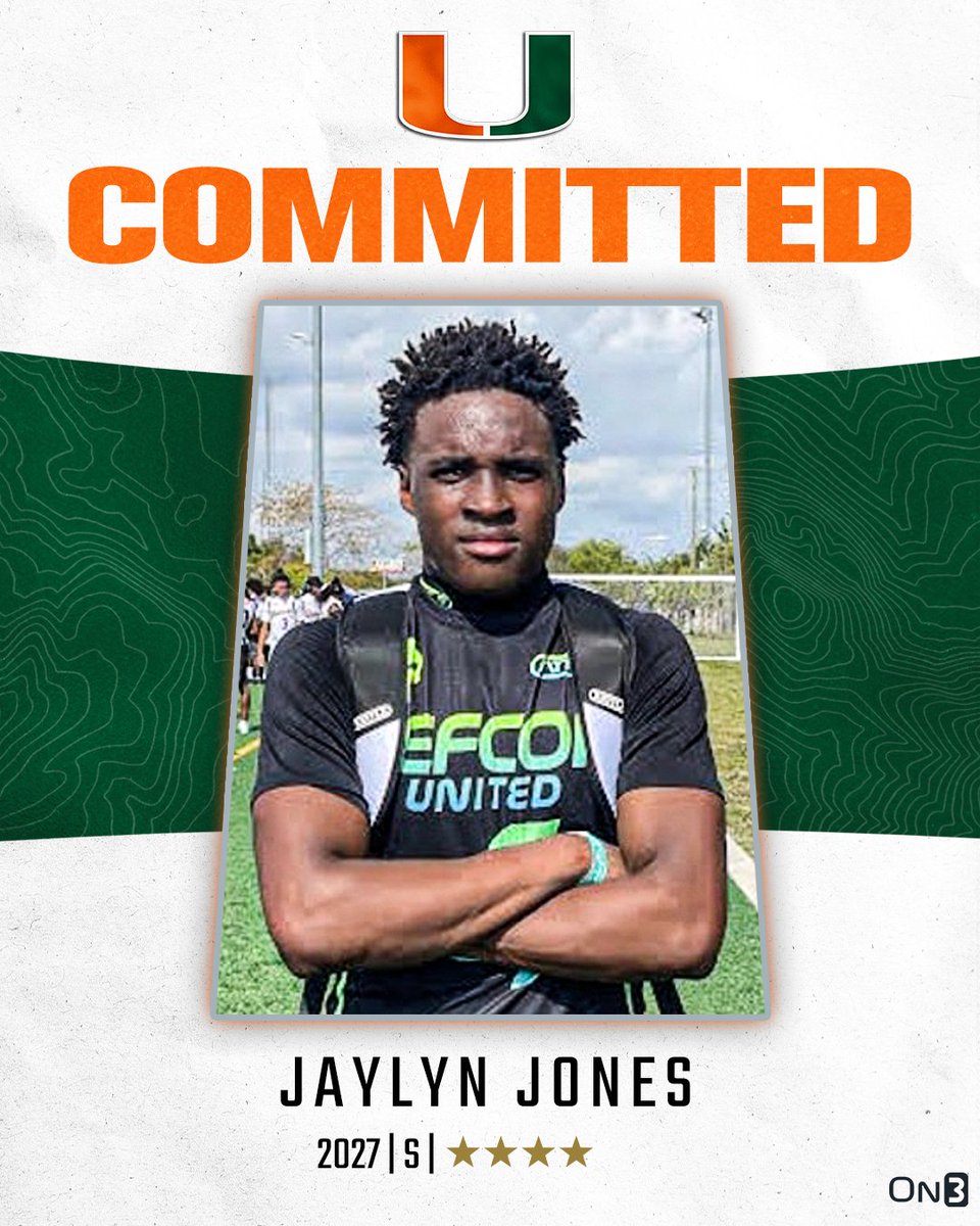 On3 Recruits (@on3recruits) on Twitter photo 🚨BREAKING🚨 2027 4-star safety Jaylyn Jones has committed to Miami, <a href="/Hayesfawcett3/">Hayes Fawcett</a> reports🙌
More from <a href="/stephenwagOn3/">Stephen Wagner</a>: on3.com/teams/miami-hu… 🚨BREAKING🚨 2027 4-star safety Jaylyn Jones has committed to Miami, <a href="/Hayesfawcett3/">Hayes Fawcett</a> reports🙌
More from <a href="/stephenwagOn3/">Stephen Wagner</a>: on3.com/teams/miami-hu…