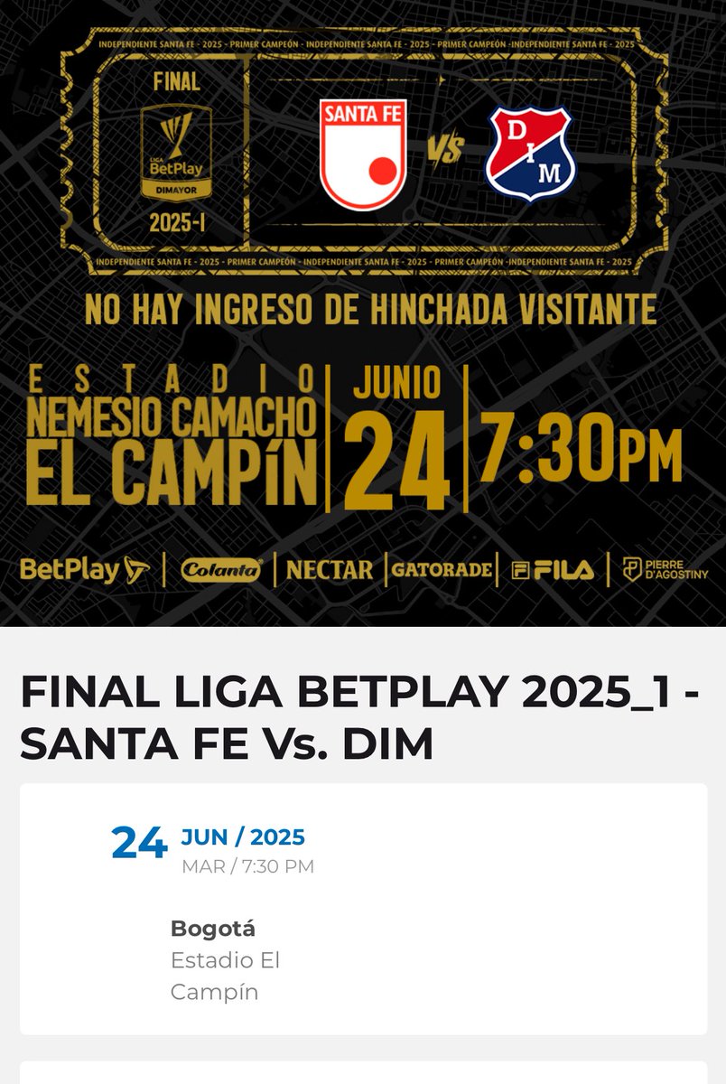 En venta 
Vendo boletas para la final Santa Fe VS Medellín 
Sur (4) $230.000
Oriental baja $280.000
Occidental sur $390.000
100% segura la venta 
Si les interesa me escriben al dm