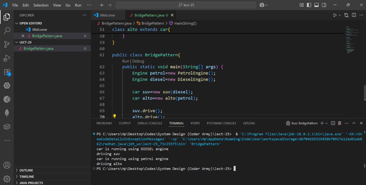 Tushar_pal__'s tweet photo. Day 25✅

Learned Bridge Design Pattern in the System Design course by
@rohit_negi9 &amp; @adityatandon02 
check out my code below 
https://t.co/fC8oiivc1F
#systemdesign #coderarmy #LearnInPublic #DSA https://t.co/bdZNbhbmrK