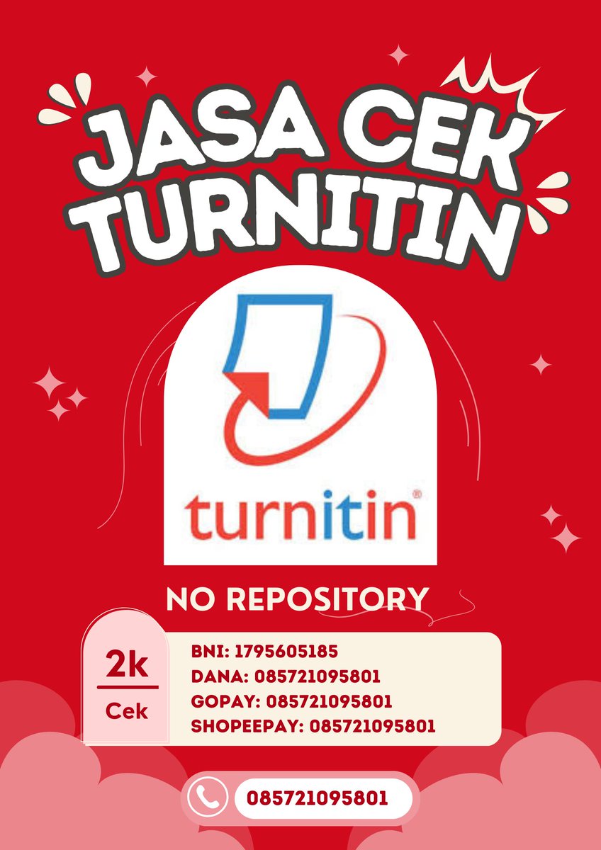cek turnitin no repository 2k ready yaa
wa.me/+6285721095801

#zonauang #zonajajan