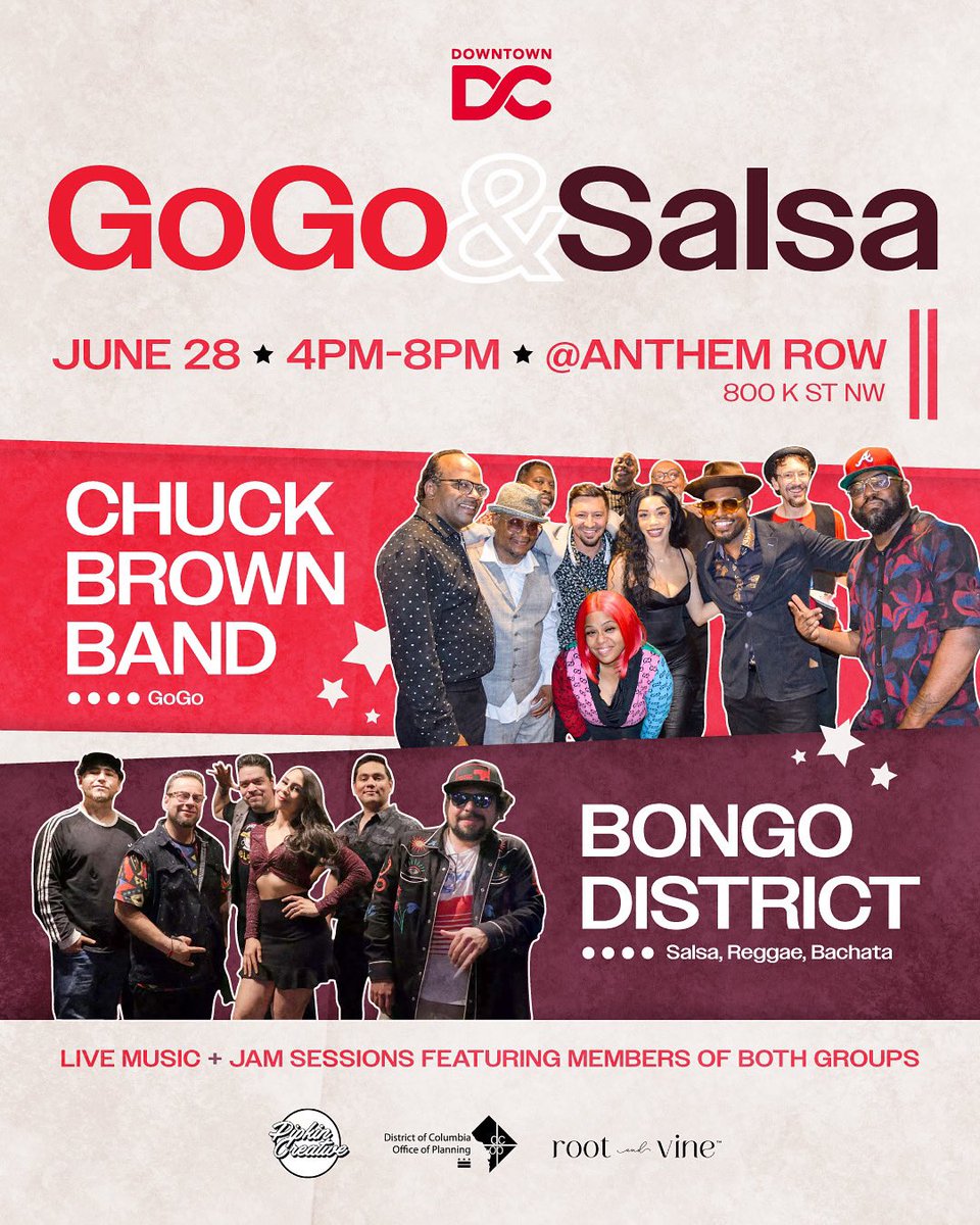 DowntownDCBID's tweet image. GoGo & Salsa in the heart of Downtown D.C.!
🔥 June 28 – Feel the beat with Bongo District bringing Latin grooves, followed by the Chuck Brown Band keeping the Go-Go spirit alive.
📍 Location: Anthem Row
🎟 Cost: FREE
downtowndc.org/event/gogo-and…
#DowntownDC #GoGoMeetsSalsa
