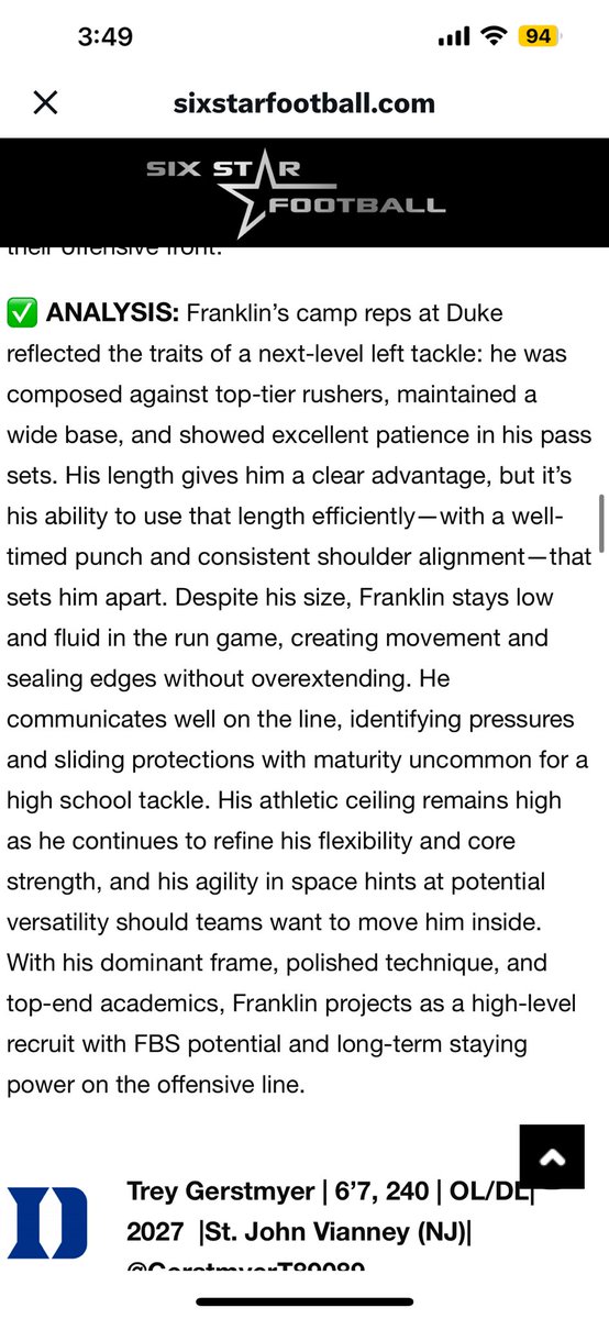 Sean Franklin (@sean_franklin_) on Twitter photo Another great write up from <a href="/sixstarfootball/">Six Star Football | PLUS+</a> about my camp at <a href="/DukeFOOTBALL/">Duke Football</a> this past week. Thank you! Another great write up from <a href="/sixstarfootball/">Six Star Football | PLUS+</a> about my camp at <a href="/DukeFOOTBALL/">Duke Football</a> this past week. Thank you!