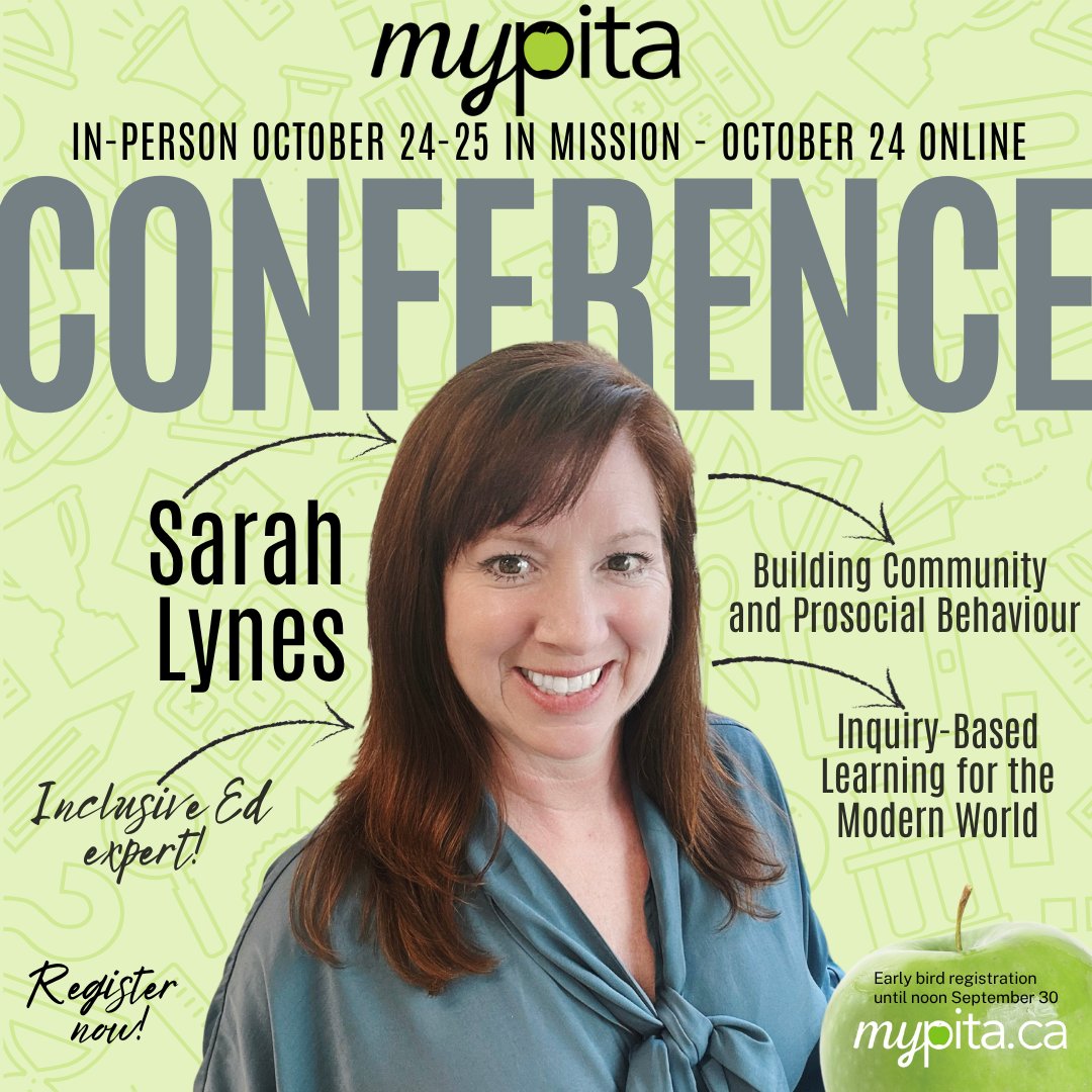 Join us at the myPITA Fall 2025 Conference in Mission on October 24 for two in-person workshops by Sarah Lynes. Register at mypitaconference.ca to learn about  Inquiry-Based Learning and Building Community &amp; Prosocial Behaviour #psaday #myPITA #teacherPD
