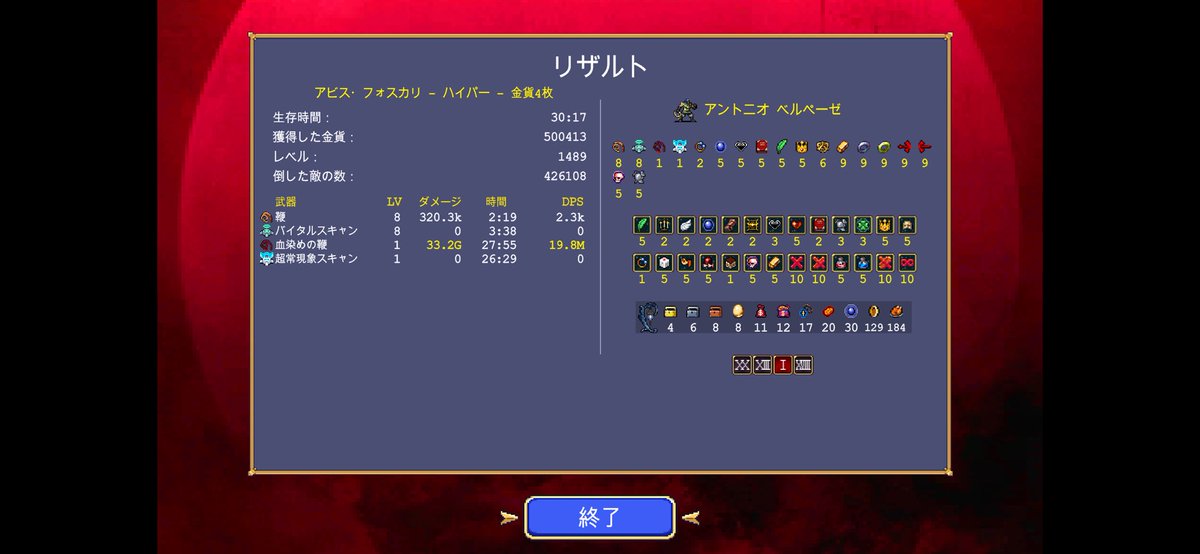 VamSurv's tweet photo. ヴァンサバ日記1.13

アントニオ＋超常現象S＋サファイアミスト

アルカナ両断を取ってないのに、与ダメアップ(6400)

ブーガルーも効果的なので、どちらの取得が良いかですね

#VampireSurvivors
#ヴァンサバ https://t.co/ZmJeAl1ra2