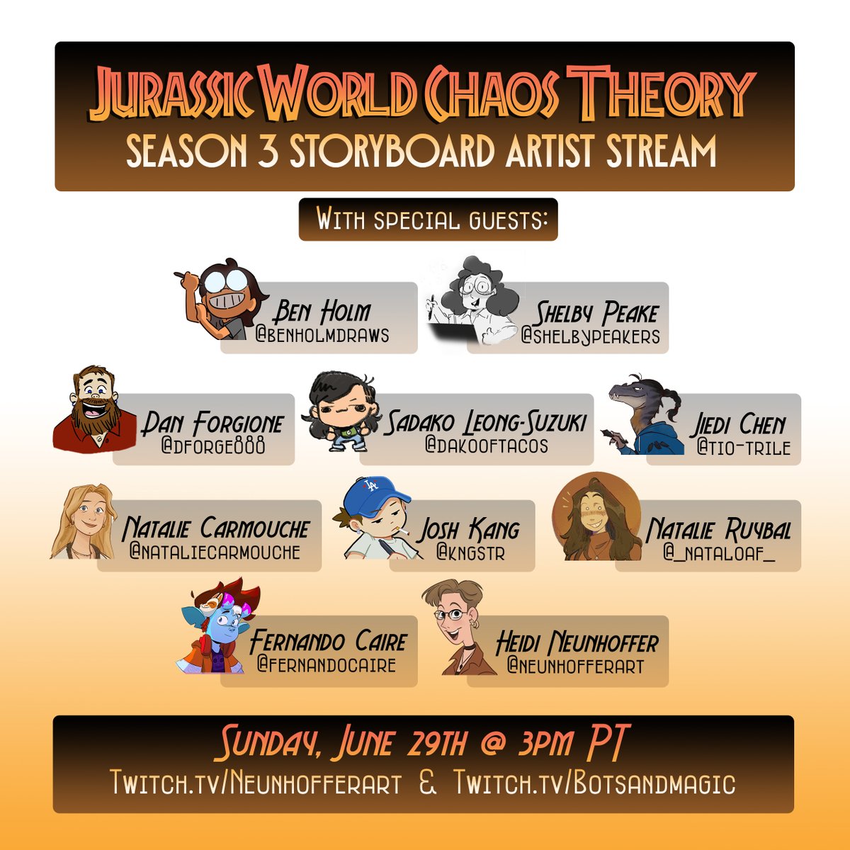 This Sunday 6/29 at 3PM PT:

Join us for the extra special Jurassic World: Chaos Theory season 3 Storyboard Artist Stream!!

It's the most storyboard artists (and one director)! we've had yet-- you don't wanna miss it!

#JurassicWorld #chaostheory