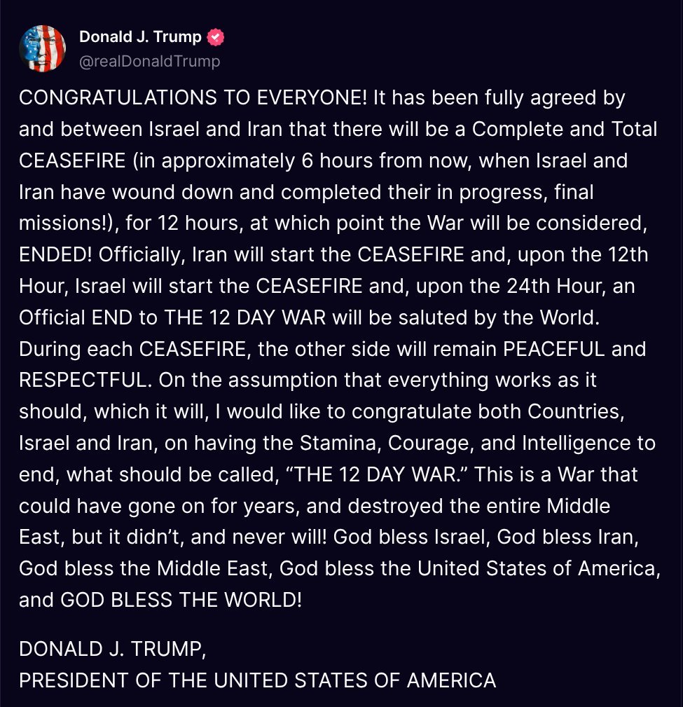 Trump dice que guerra de los 12 días, como espera que se llame ha terminado y cierra con que Dios bendiga a Israel, a Irán, al Medio Oriente, a Estados Unidos de América y al Mundo.