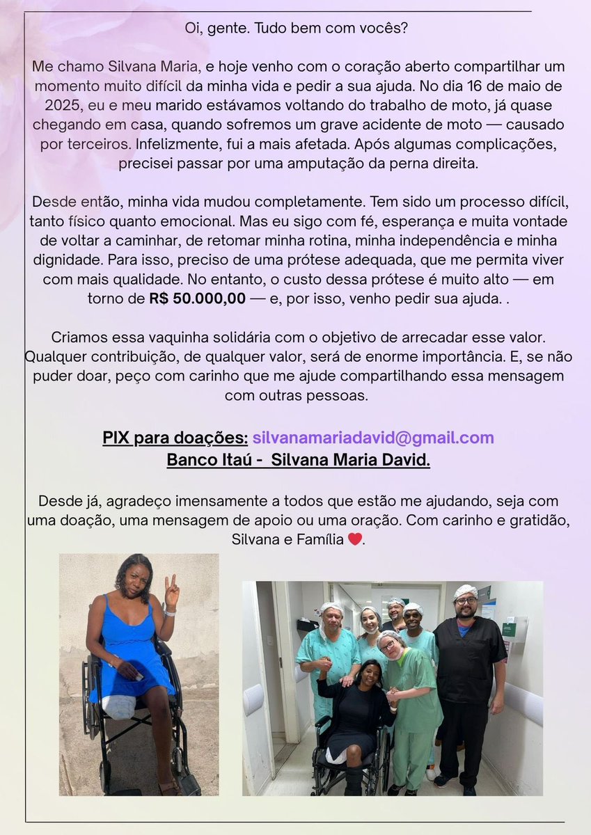 amanda_raay's tweet photo. ei galera, venho através dessa rede também, divulgar a vaquinha que estamos realizando para comprarmos a prótese para a minha mãe!

quem puder ajudar seja compartilhando ou doando, já agradeço muito!

PIX: silvanamariadavid@gmail.com
SILVANA MARIA DAVID - BANCO ITAÚ https://t.co/Kpixn0Pih7