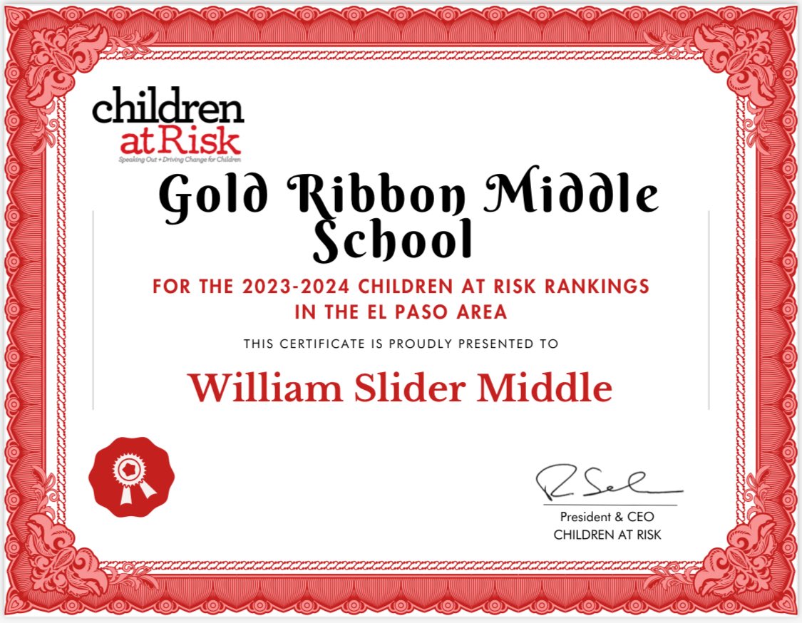 William D. Slider Middle School (@slider_middle) on Twitter photo Congratulations #StallionsLeadTheWay for being named a Gold Ribbon Middle School on behalf of children at risk. Our campus success highlights student success in STAAR, college readiness & growth metrics closing the student achievement & opportunity gaps! <a href="/jim_vasquez20/">Jim Vasquez</a> <a href="/SISD_HS/">Carlos Guerra III</a> Congratulations #StallionsLeadTheWay for being named a Gold Ribbon Middle School on behalf of children at risk. Our campus success highlights student success in STAAR, college readiness & growth metrics closing the student achievement & opportunity gaps! <a href="/jim_vasquez20/">Jim Vasquez</a> <a href="/SISD_HS/">Carlos Guerra III</a>