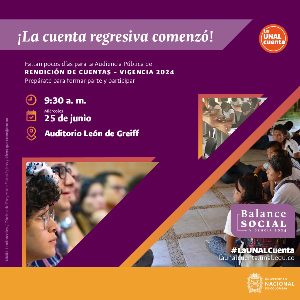 #ComunidadUNAL 📆 ¡Faltan pocos días para que nos encontremos en la Audiencia Pública de Rendición de Cuentas! Nos vemos este miércoles 25 de junio en el Auditorio León de Greiff, un espacio de dialogo 👉 ow.ly/fLoc50WfaSF | #LaUNALCuenta