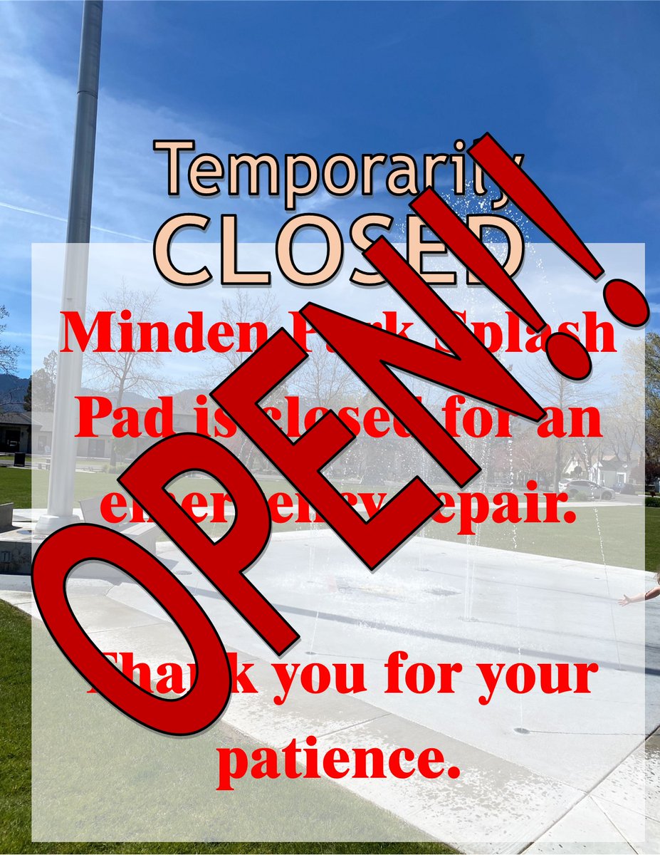 Update!
Thanks to our awesome water crew, they worked their magic and were able to fix it right away! Have fun out there!!
Original:
Whoops, we are experiencing some technical difficulties with the Minden Park Splash Pad. It will be temporarily closed while we make some repairs.