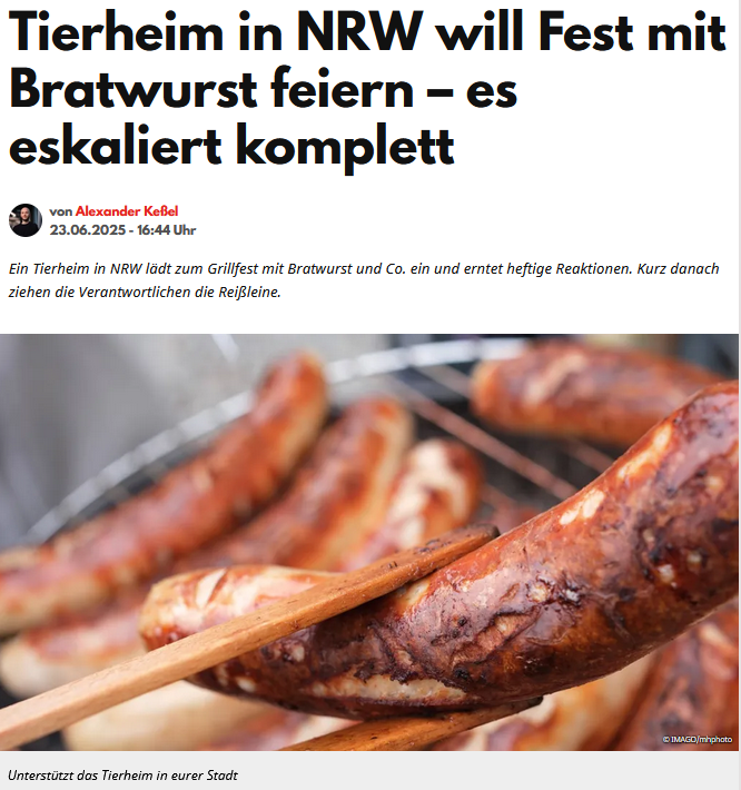 PeterBorbe's tweet photo. Das Tierheim in #Hilden ist vor woken Fanatikern eingeknickt: Eigentlich sollte es ein schönes Grillfest geben, um sich bei freiwilligen Helfern zu bedanken. Auf den Grill sollte natürlich auch Fleisch kommen, wie es sich nun mal gehört, doch das nahmen linksgrüne Vegantaliban zum Anlass, einen Shitstorm gegen das Tierheim zu inszenieren. Die Verantwortlichen des Tierheims ließen sich von den Aktivisten einschüchtern und so wurde das geplante Fest zu einer traurigen fleischlosen Veranstaltung.
https://t.co/xmbXr7YF1r