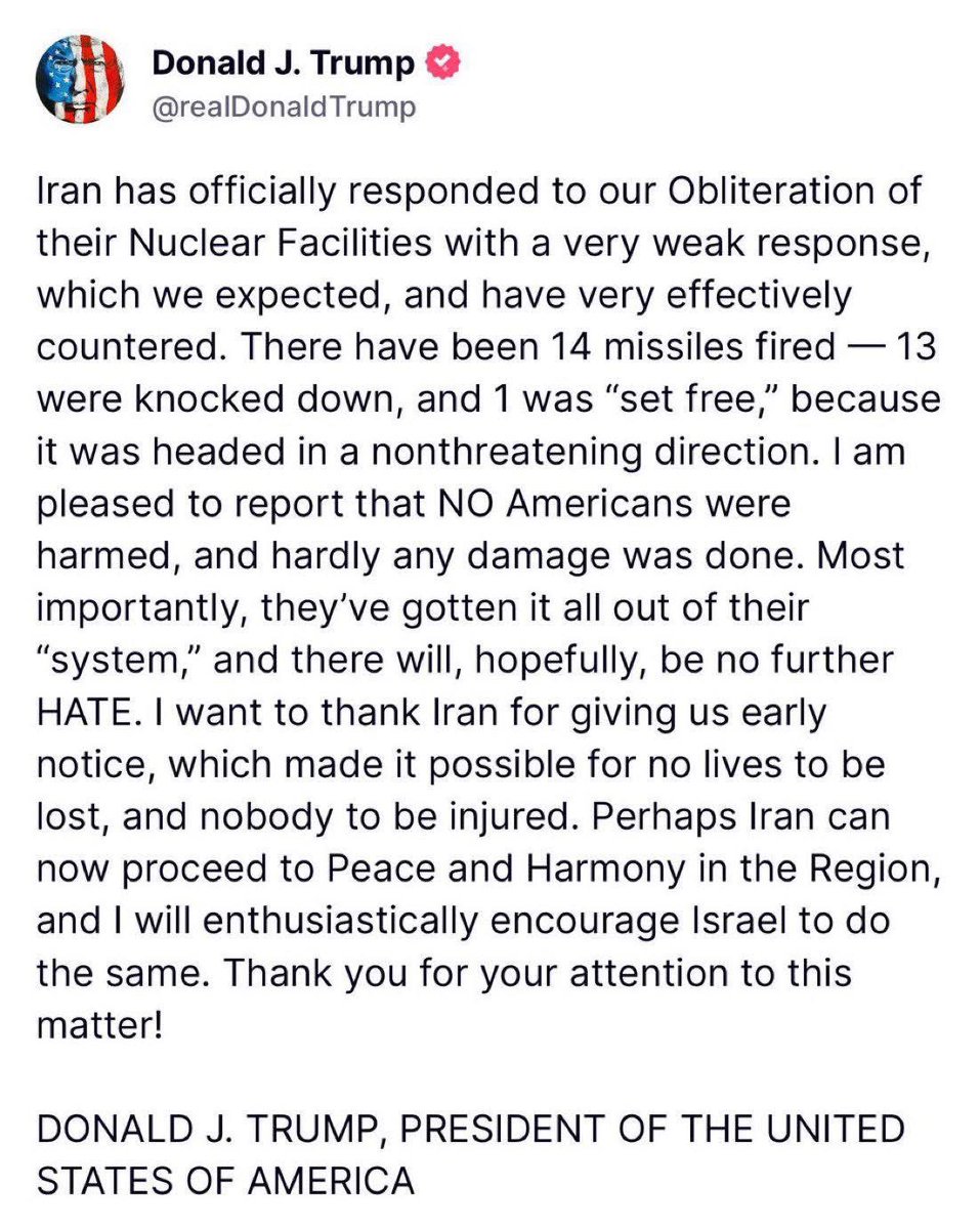 Fatenelfeky's tweet photo. ترامب : ردت إيران رسميًا على تدميرنا لمنشآتها النووية برد ضعيف للغاية، وهو ما توقعناه، وتصدينا له بفعالية كبيرة. يسرني أن أبلغكم أنه لم يصب أي من الأمريكيين بأذى، ولم يلحق أي ضررٍ يذكر. أود أن أشكر إيران على إبلاغنا مُبكرًا، مما سمح بعدم إزهاق ارواح أو إصابة أحد. https://t.co/7DHMnuB8KK