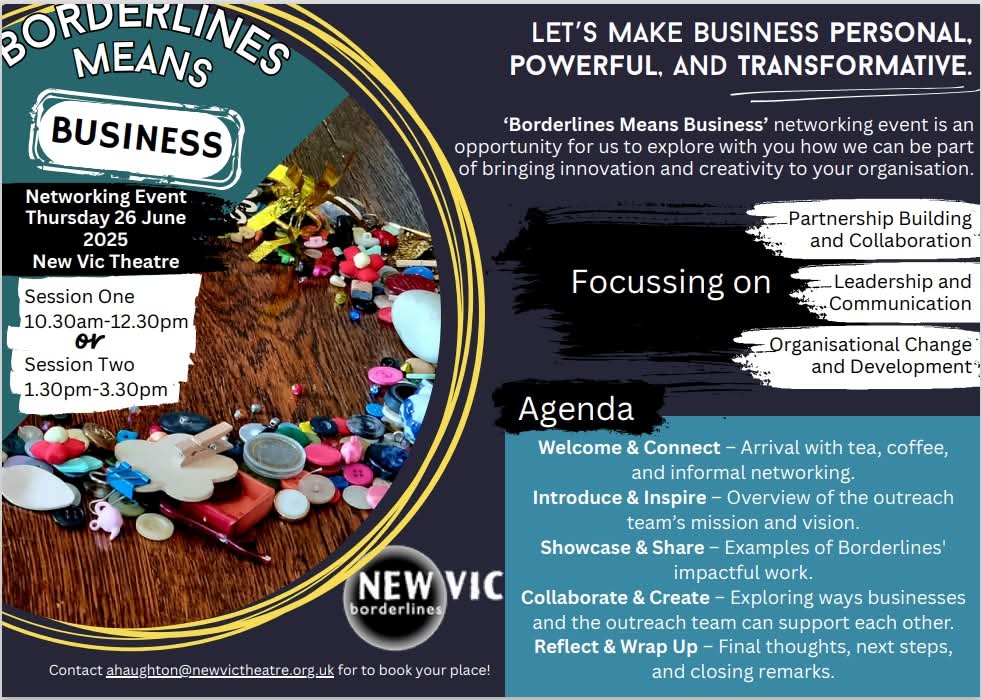 NVBorderlines's tweet image. No matter how big or small your #business #socialenterprise or #CIC is, join us this Thursday at @NewVicTheatre #BorderlinesMeansBusiness  #Networking event @StaffsChambers @BusinessInsider @Sotlive @StokeontrentBID @StaffsNews @WhatsTrending @LeekNews @BBCStaffsmoors