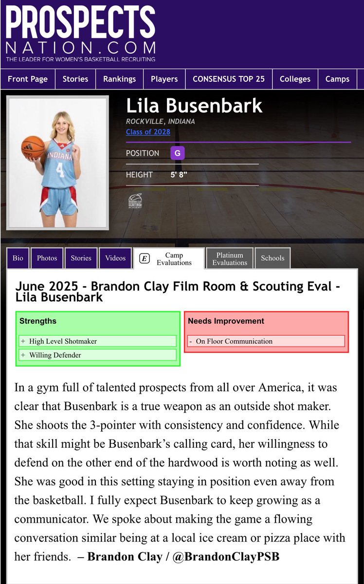 Brandon Clay 🎥 Film Room Evals | Powered x @bclayscouting

“The Best Evals &amp; Marketing in 🏀.”

New Eval 🚨

In a gym full of talented prospects from all over America and Canada, it was clear that ‘28 Lila Busenbark (IN) is a true weapon as an outside shot maker. She shoots the