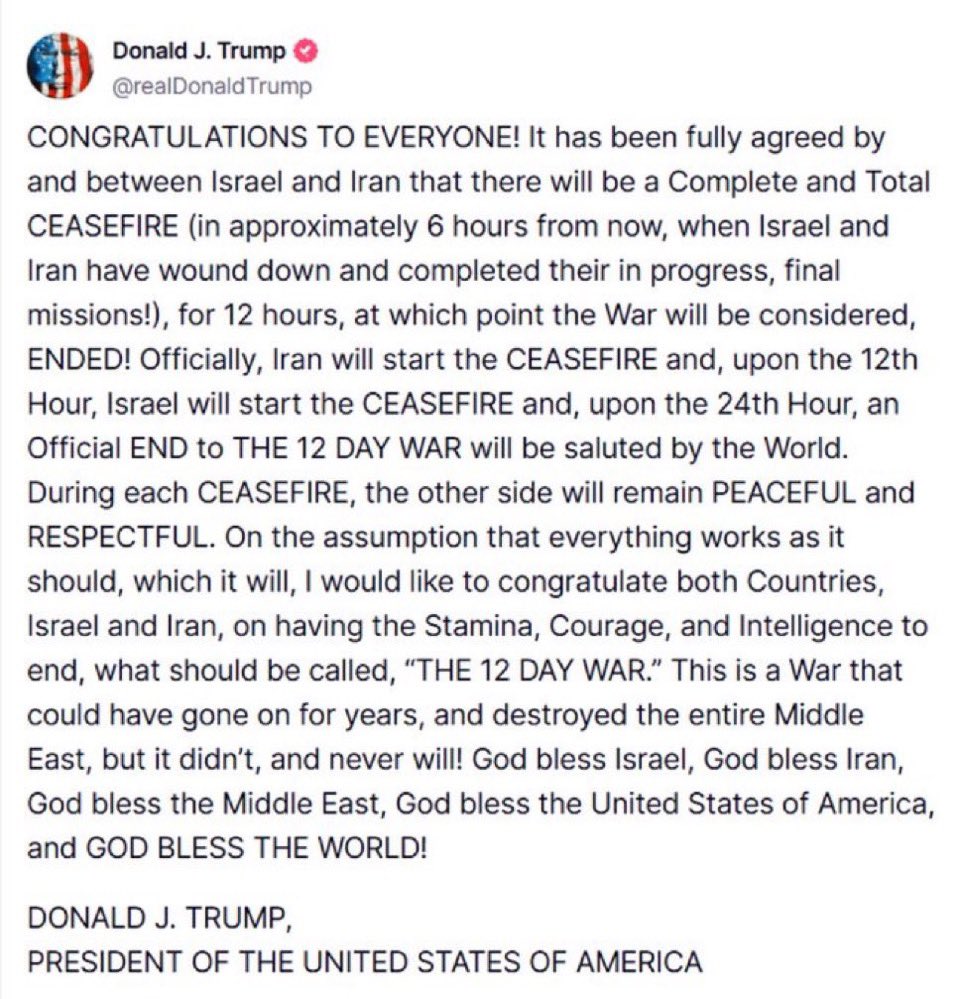Dr. Sara Vakhshouri (@svakhshouri) on Twitter photo President <a href="/realDonaldTrump/">Donald J. Trump</a> announces a full CEASEFIRE between Israel and Iran, marking the end of the 12-day war.
#IranIsraelConflict President <a href="/realDonaldTrump/">Donald J. Trump</a> announces a full CEASEFIRE between Israel and Iran, marking the end of the 12-day war.
#IranIsraelConflict