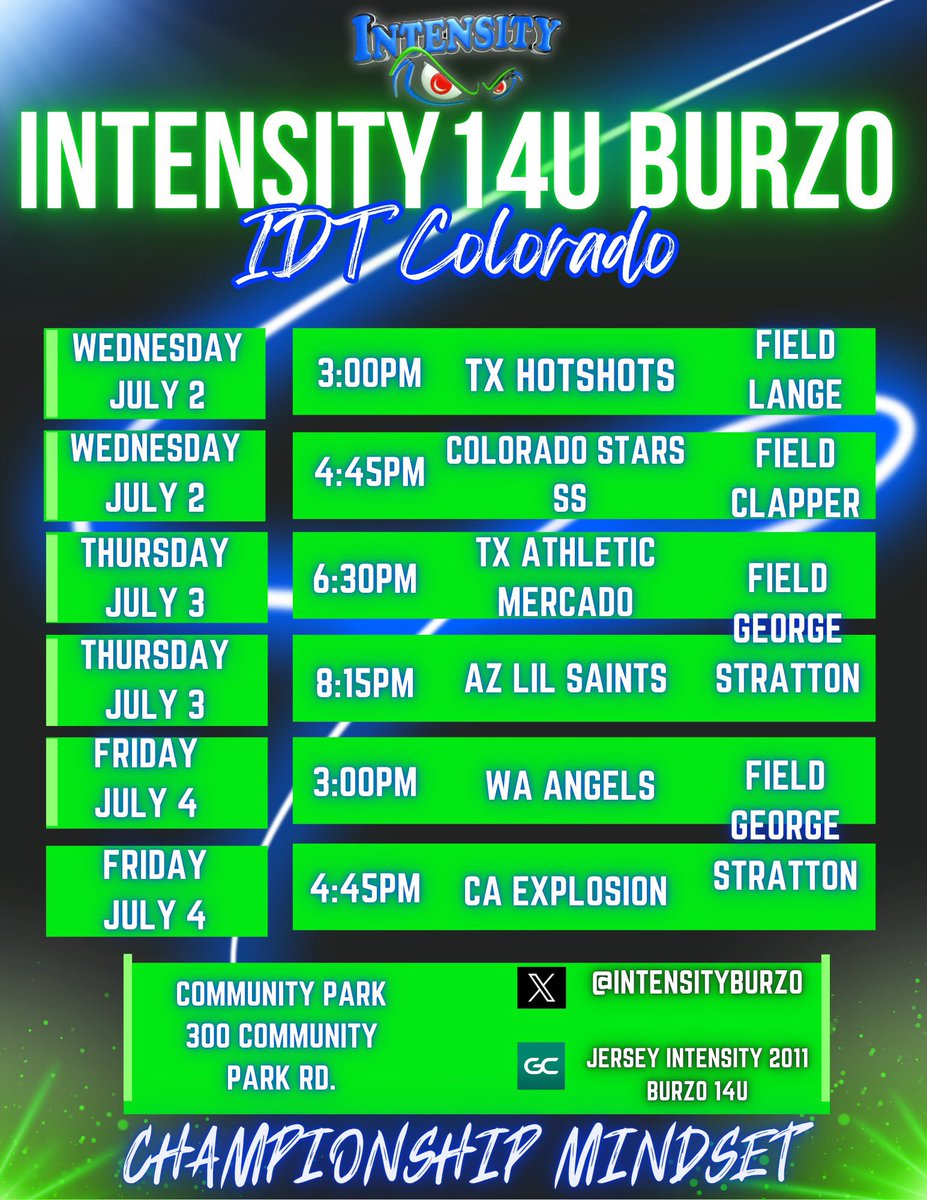 Can’t wait to get to the Colorado IDT next week. Going to be a special week with teammates and a great opportunity to play top competition! Schedule has been released!  <a href="/IntensityBurzo/">NJ Intensity 14U Burzo</a> <a href="/Intensity18uBOD/">Intensity 18u BOD Premier</a> <a href="/intensitykod/">Kevin ODonnell</a>