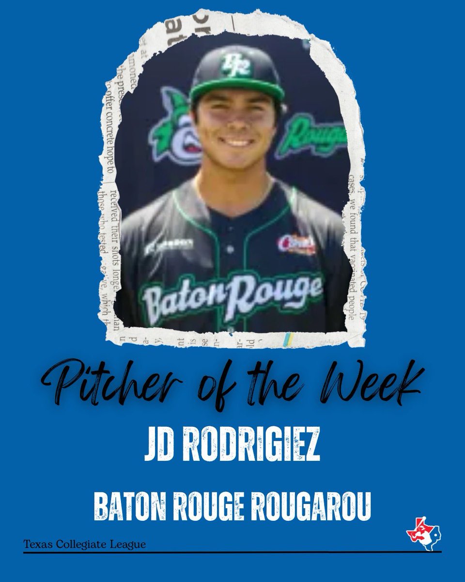 Texas Collegiate League (@tclbaseball) on Twitter photo Congratulations to our Player and Pitcher of the week! 🏆
Reese Beheeler - Brazos Valley Bombers
.550/.640/.700 10 R, 11 H, 3 2Bs, 8 RBIs, 5 BBs, 1 SB
 JD Rodrigiez- Baton Rouge Rougarou
 1-0, 7 1P, 3 H, 0 R, 8 Ks, 0 BBs Congratulations to our Player and Pitcher of the week! 🏆
Reese Beheeler - Brazos Valley Bombers
.550/.640/.700 10 R, 11 H, 3 2Bs, 8 RBIs, 5 BBs, 1 SB
 JD Rodrigiez- Baton Rouge Rougarou
 1-0, 7 1P, 3 H, 0 R, 8 Ks, 0 BBs