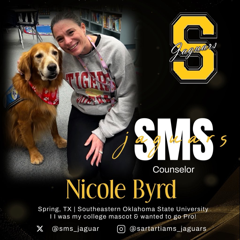 🐾 Meet Mrs. Byrd, SMS Counselor! 🐾
Born and raised in Spring, TX and proud graduate of Houston Baptist University and 
Southeastern Oklahoma State University — where she literally wore the school spirit… as the college mascot! 💃🏼
She will now bring that same energy, heart, and