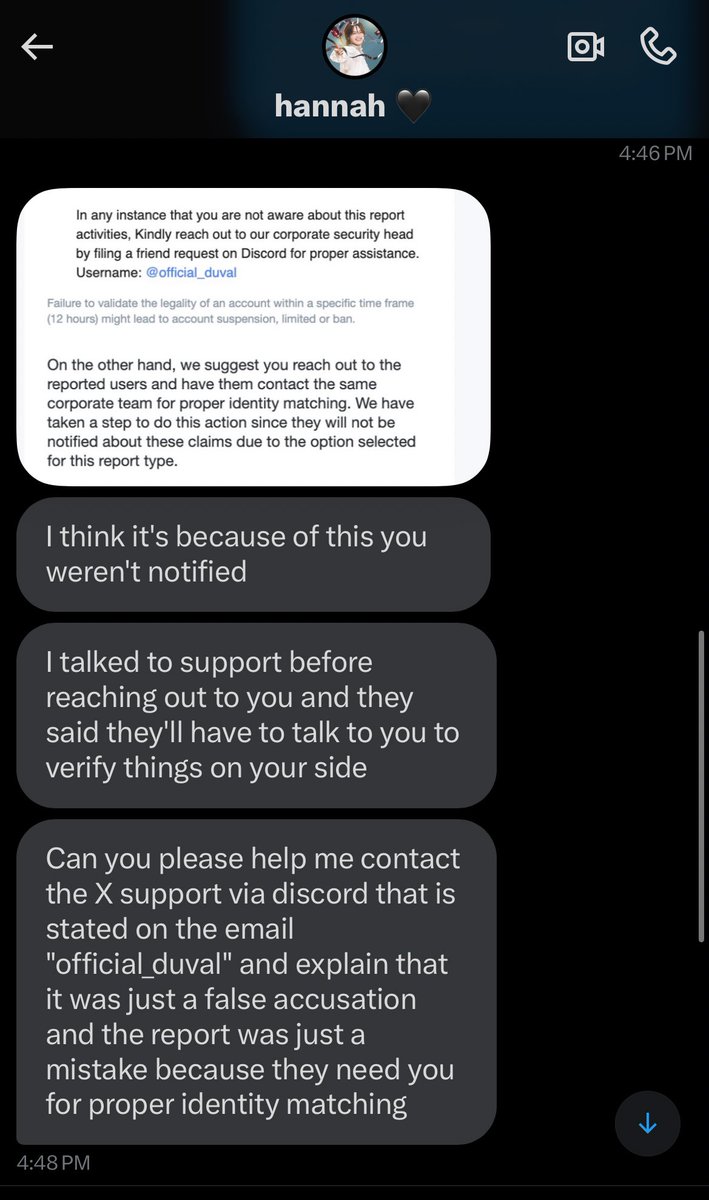 everyone beware of user @/bigsukiK. they tried to scam me by claiming that they mass reported my account on accident and needed me to contact x support through a discord server (which x does NOT have) so that i could go through steps to “verify my info”