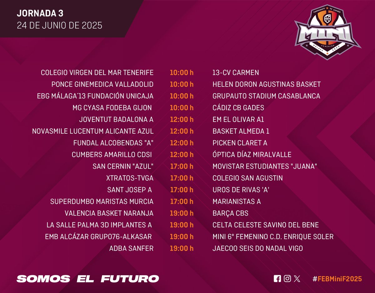 🏀 #FEBMiniF2025:  La Fase de Grupos concluye con una última jornada repleta de alicientes

▶️Y sus 16 partidos podrán seguirse en directo, en #CanalFEB

🕙 Desde las 10:00h
📝 lc.cx/GsQGW_
📊 lc.cx/qNRB5c
📺 lc.cx/syMoex