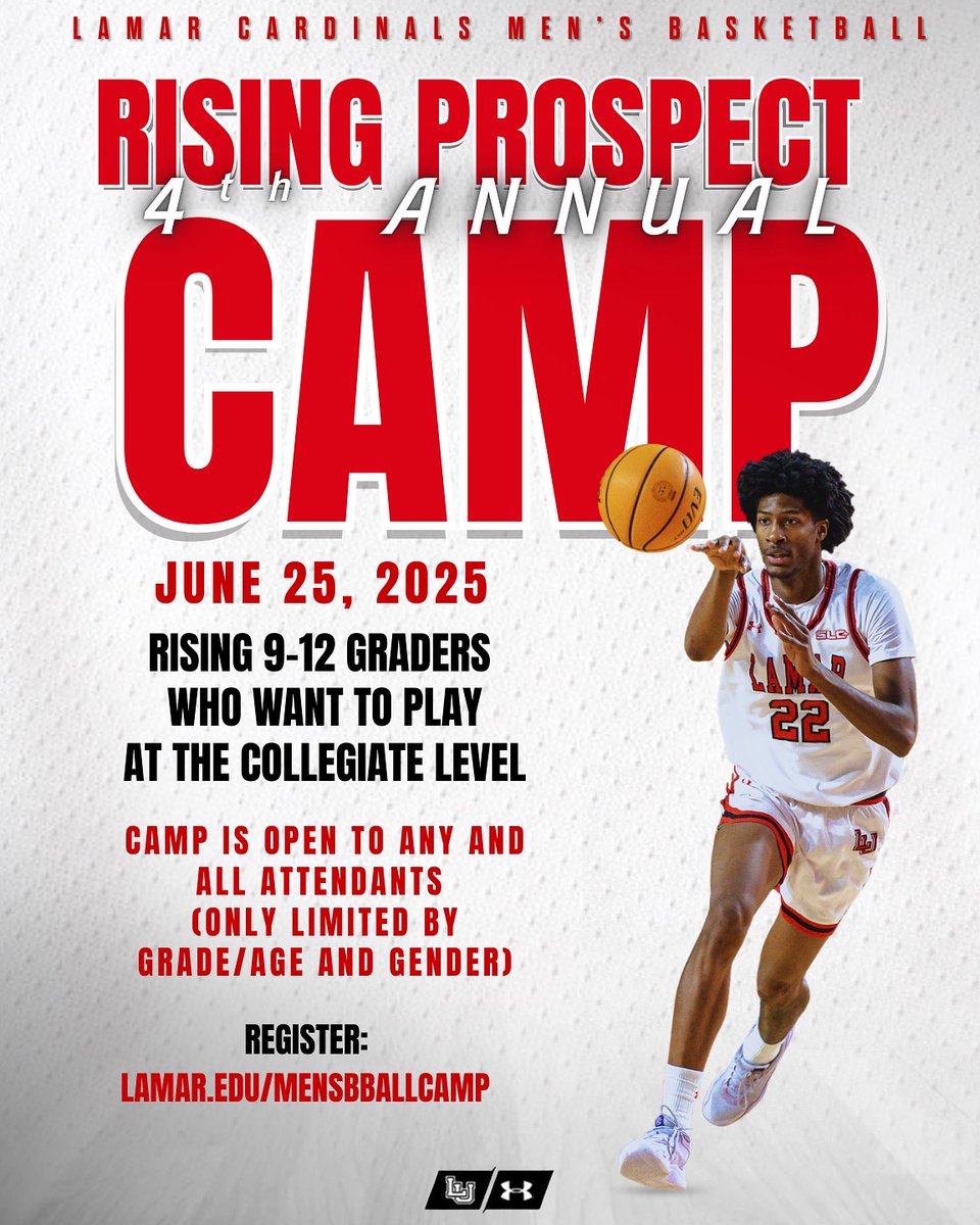 LamarMBB's tweet image. Two more days left until our Fourth Annual Rising Prospect Elite Camp! $50 to showcase those skills.
Registration begins at noon at the Sheila Umphrey Recreation center on campus. Camp is from 1-5 pm, and we are also accepting walk ups!
Link
epay.lamar.edu/C20117_ustores…
