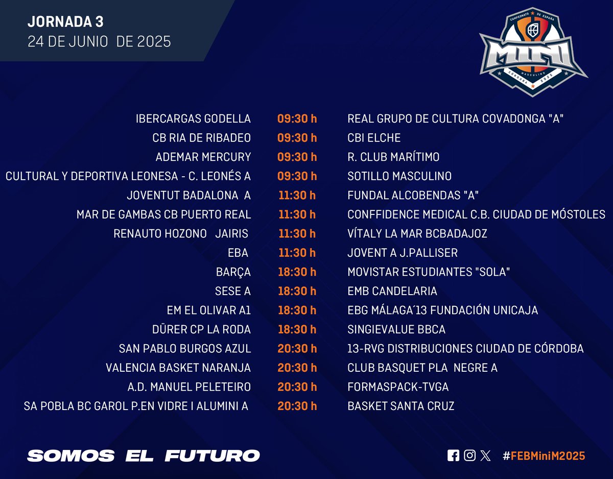 🏀 #FEBMiniM2025: La tercera jornada, a punto de comenzar con los billetes a las eliminatorias, en juego

▶️ Y sus 16 encuentros llegan ya en directo a #CanalFEB

🕤 Desde las 9:30h
📝 lc.cx/qT2QoY
📊 lc.cx/kRDYwz
📺 lc.cx/syMoex