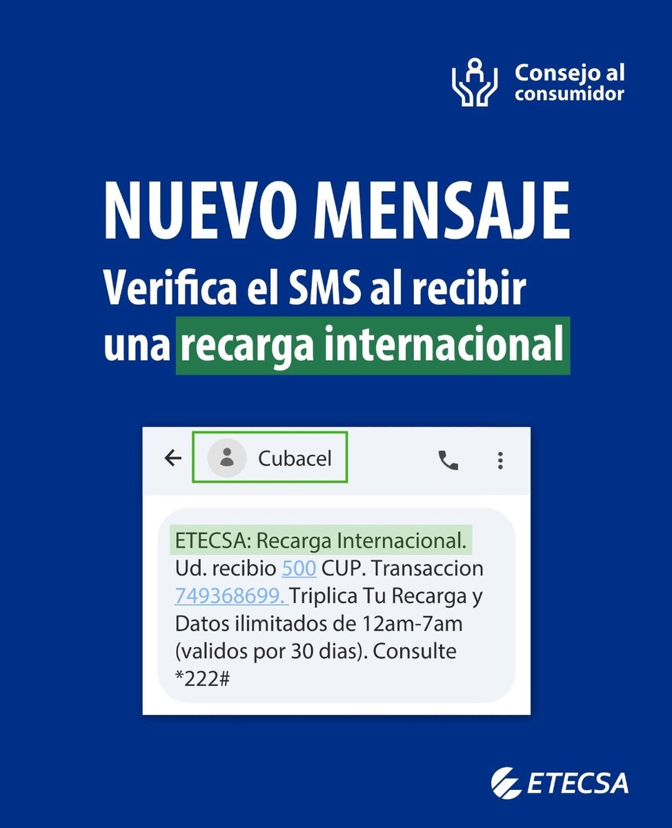 No ⛔📵dejes que te engañen, ahora el mensaje de recarga internacional  llega mucho ➕ claro 👍 📲. 
Para que no tengas dudas 🤷
SI recibes ✅ una recarga desde el exterior recibirás este mensaje 👇.
#EtecsaConCuba 🌴🇨🇺📲