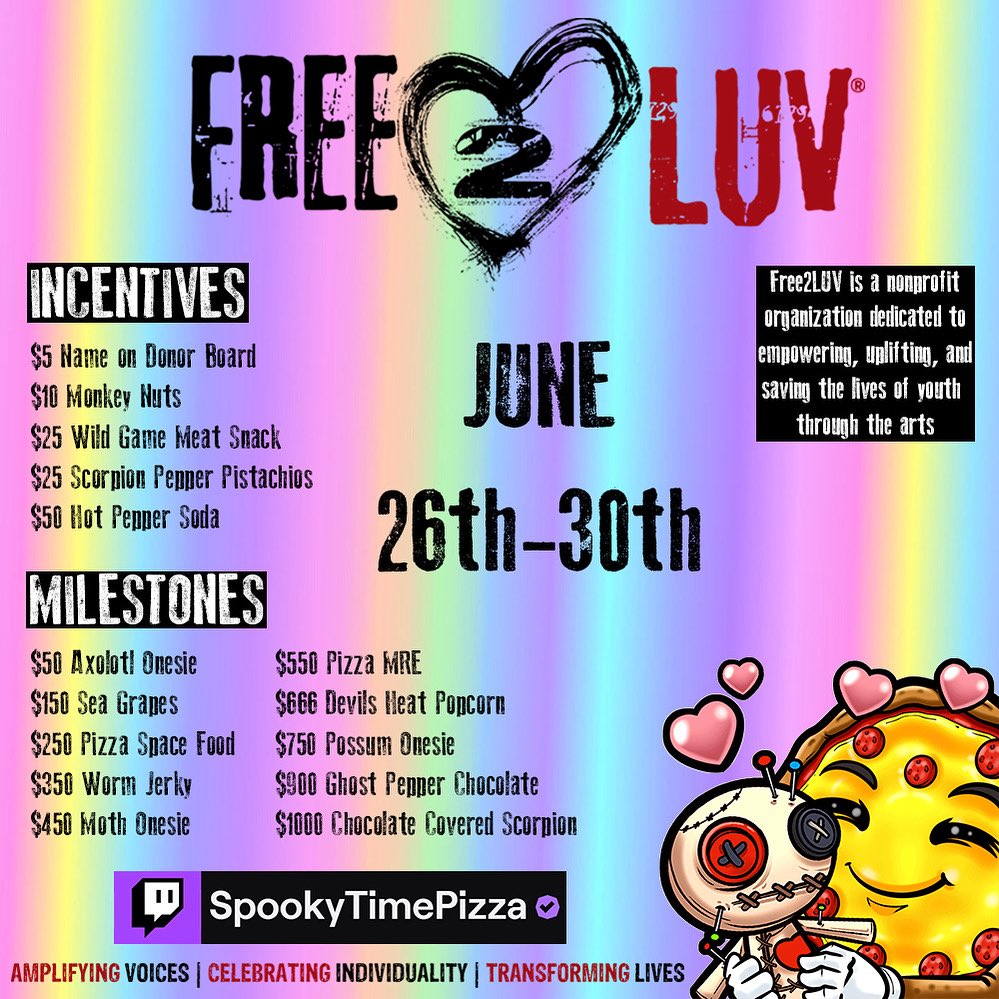 SpookyTimePizza's tweet image. Get ready for a weekend of LUV and fun! 🎉 Join me on Twitch from Thursday, June 26 to Monday, June 30 for an epic @FREE_2_LUV fundraiser! 🤩 We’ll have awesome incentives and milestones to reach, and it’s going to be a freaking blast! 😆
By joining in, you’ll be supporting…