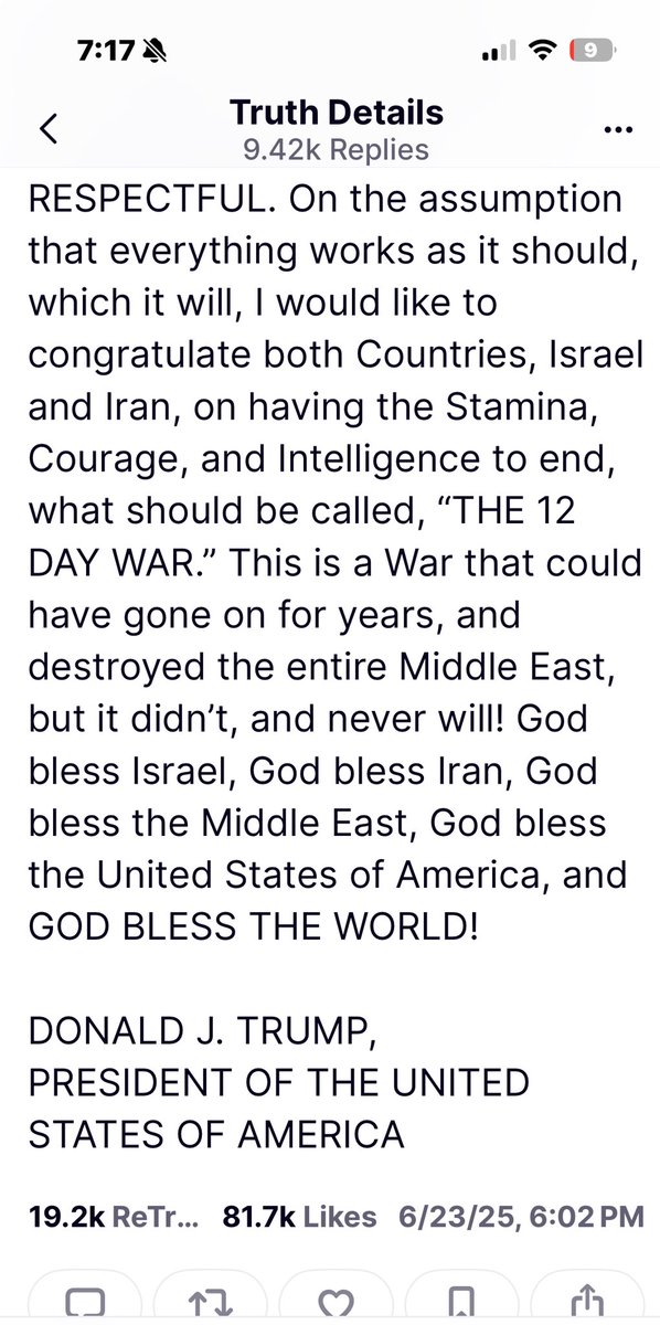 danriversitv's tweet image. Trump announces a peace deal to end the Israel Iran conflict - the 12 day war.