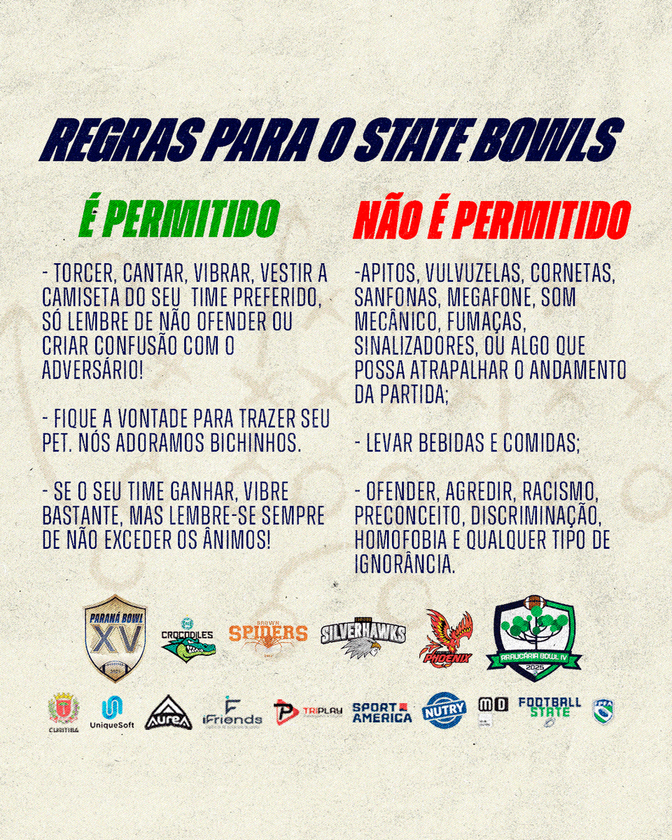 fpfaoficial's tweet photo. O State Bowl está chegando e é claro que temos regrinhas para uma boa convivência nos jogos.

Leia com muita atenção as recomendações para curtir um grande evento!

#FPFA #FOOTBALL #FOOTBALLSTATE #FUTEBOLAMERICANO #INCENTIVOESPORTECURITIBA #INCENTIVOSOLIDÁRIOPMC https://t.co/YBUWdtAqzS